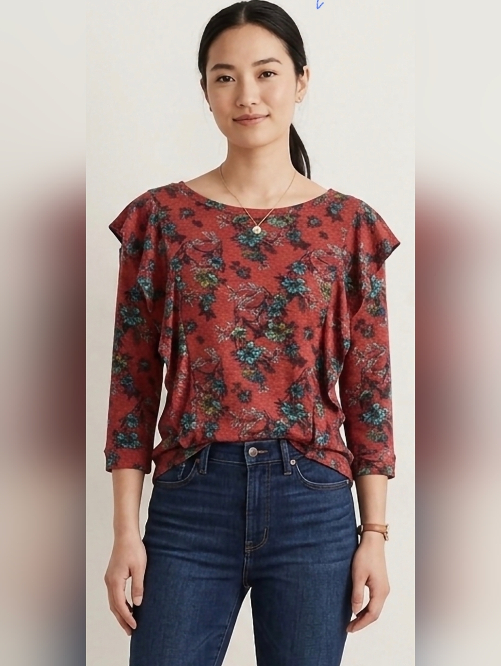 Free People Women Top Floral Ruffle Trim 3/4 Sleeve Knit Top Size Large